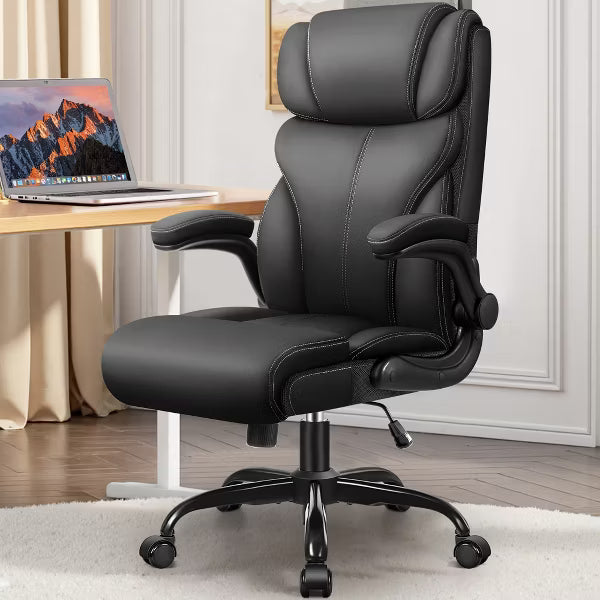 KERDOM Office Chair Big and Tall 400lbs, High Back Executive Office Chair Flip Up Arms, Breathable Leather Home Office Computer Desk Chair, Black