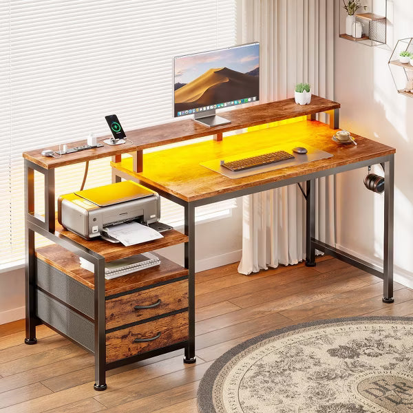 Qwatto 47" Computer Desk with LED Lights and Charging Station Reversible Computer Desk with Monitor Stand and Fabric Drawers Corner Office Workstation