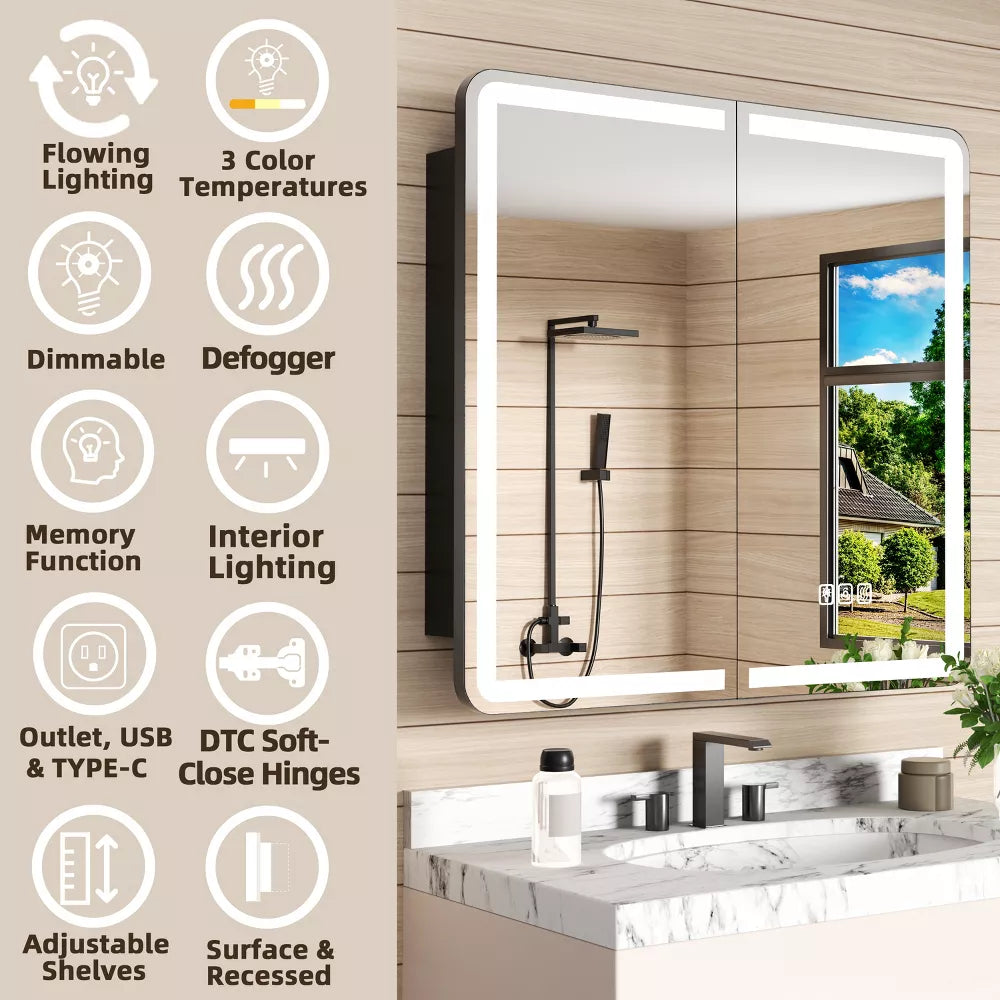 FAMYYT 36" W x 32" H LED Bathroom Medicine Cabinet with Mirror, Anti-Fog Dimmable Lighted Medicine Cabinet with Lights, Surface & Recessed Mount