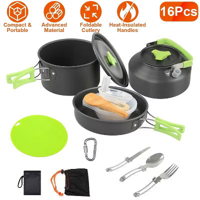 16Pcs Camping Cooking Ware Set Camping Stove Cookware Kit Aluminum Pot Pan Kettle Set with Bowls Knife Fork Spoon Carabiner Spatula Cutting Board