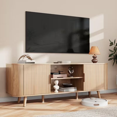 Qwatto 55'' Media Console for Bedroom Living Room Oak TV Stand for 65'' TV Mid Century Modern Cabinet Fluted Wood Detail Cable Management