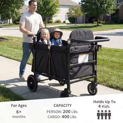 Kinder King All-Terrain Stroller Wagon for 4 Kids with Canopy, Shock-Absorbing Wheels, Snack Tray, Storage Bag & Adjustable Handle, Black