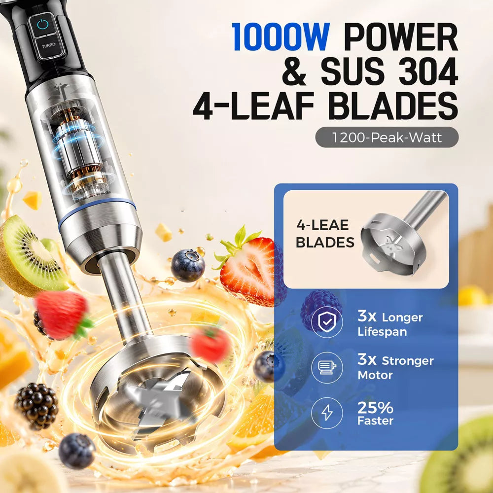 Teendow 7 in 1 Immersion Hand Blender 1000W, 5 Speed Handheld Blender Set with Food Chopper ,Whisk Milk Frother ,Dough Hooks, Potato Masher Beaker