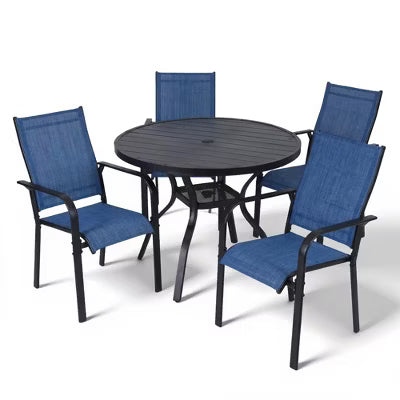 BOSMILLER 5-Piece Patio Dining Set with 4 Textilene Chairs & Round Metal Table, Umbrella Hole, All-Weather for Lawn Garden - Blue