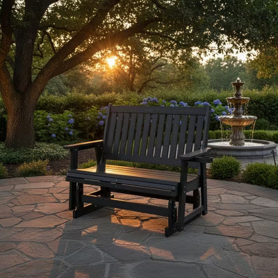 Fortune Candy Poly Lumber Patio Glider 2 Seater, High Backrest, Cup Holders, for Outdoor Garden, Yard, or Deck (Black)