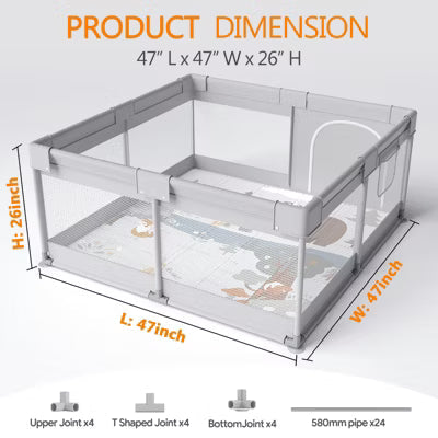 Fodoss Baby Playpen with Mat ，47 x 47 In Playpen for Babies and Toddlers, Indoor & Outdoor Activity Center, Safety Baby Fence (Grey)