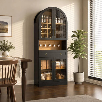 Arched Bar Cabinet, Mid-Century Wine Liquor Cabinet with Tempered Glass Doors, 9 Wine Racks, 3 Glass Holders, Drawer, Adjustable Shelf & Hooks, Black