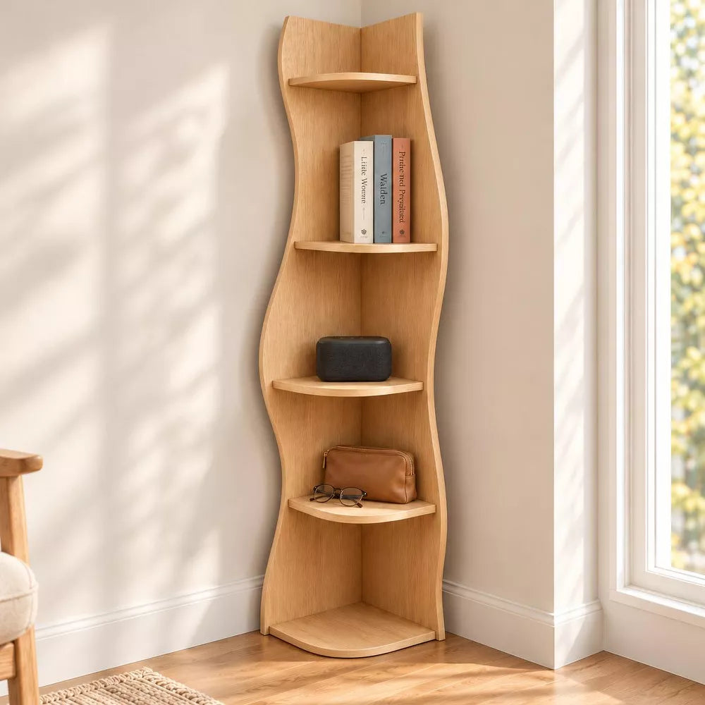 LauKingdom 63" Natural Oak 5-Tier Corner Shelf, S-Shaped Curved Bookshelf, Display Bookcase for Home Essentials, Living Room, Bedroom and Home Office
