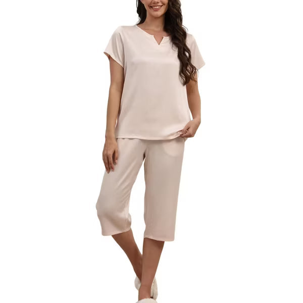 Ekouaer Women's Satin Split Neck Short Sleeve Capri Pajama Set with Side Pockets Black Small