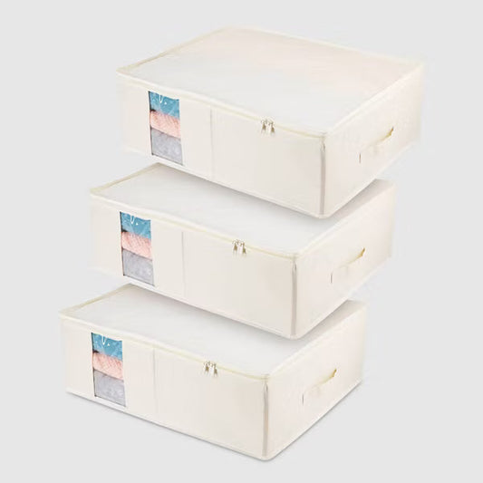 VUSIGN 3pk Under Bed Zippered Storage with Window Light Beige