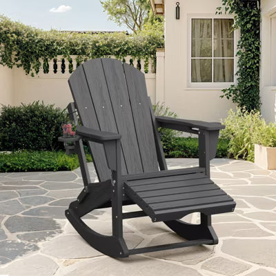 Adirondack Rocking Chair with Retractable Ottoman and Cup Holder, All Weather HDPE Folding Adirondack Chair,Fire Pit Chair for Porches, Patios