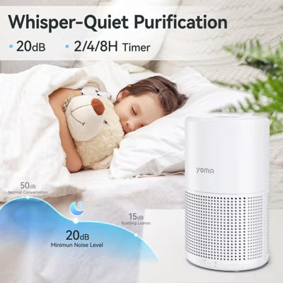 YOMA Air Purifier with HEPA Filter – Ultra Quiet 24dB Compact Air Cleaner for Bedroom, Home & Office, Removes Allergens, Pet Hair, Dander, Smoke