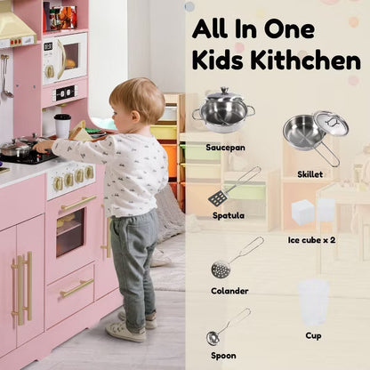 Kinder King Wooden Kids Play Kitchen, Toy Kitchen Playset for Toddlers, Realistic Kitchen Set with Sounds, Gift for Boys and Girls Age 3+
