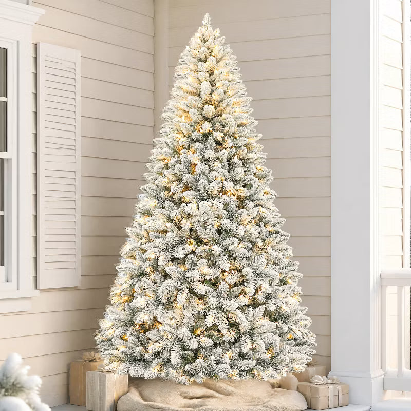 VIVATREES 6ft Prelit Artificial Christmas Tree Snow Flocked with Warm White LEDs Lights Hinged Branches Metal Stand Xmas Tree for Decor White