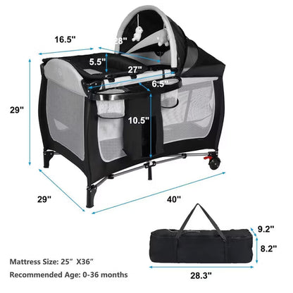 Kinder King 4-in-1 Portable Pack 'n Play with Bassinet, Changing Table, Adjustable Canopy, Storage Basket & Travel Bag – Infant to Toddler Playard