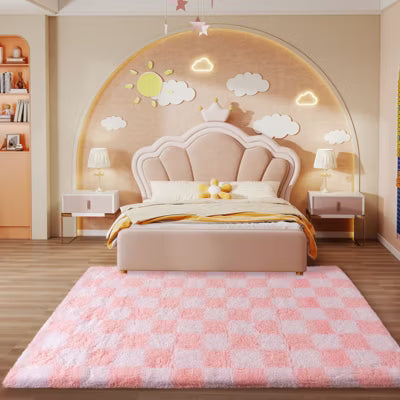 LOVEVOOK Pink Checkered Rugs for Living Room, 5x7ft Area Rugs Non-Slip Shag Fluffy Rug, Carpet for Bedroom, Dorm Home Decor Aesthetic
