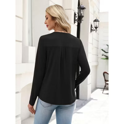 Zeagoo Women's Long Sleeve Lace Trim V-Neck Casual Tunic Top-Black-S