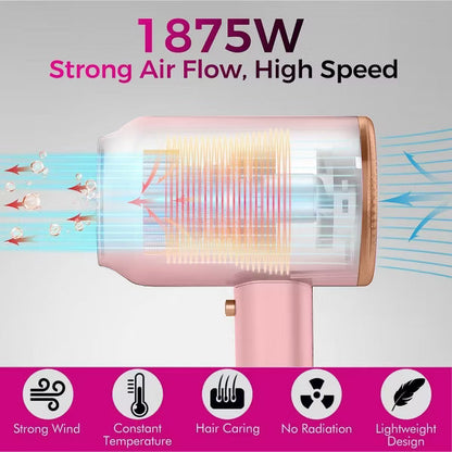 Hoey Professional Ionic Hair Dryer – 1800W Fast Drying, Low Noise Blow Dryer with 2 Concentrators and 1 Diffuser, for Home, Salon, and Travel