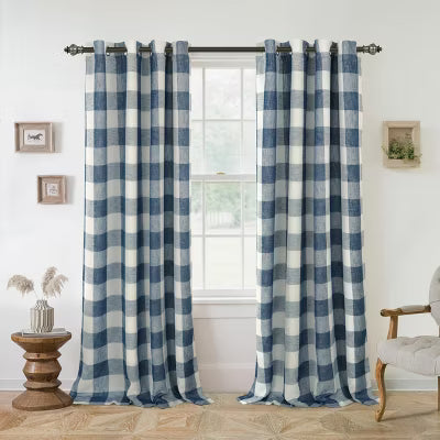 DriftAway Buffalo Plaid Blackout Curtains Linen Farmhouse Thermal Insulated Fabric Navy Blue 52X90