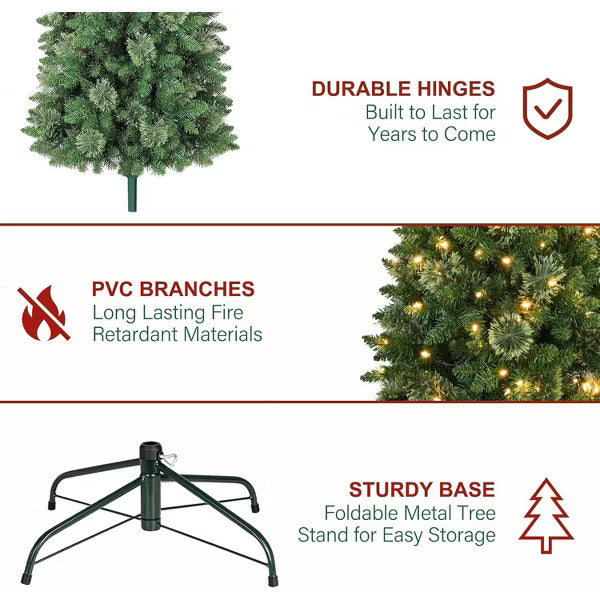 VIVATREES 6FT 7FT Pre-lit Artificial Christmas Tree Hinged Branch Tips with LED White Warm Lights Foldable Metal Base 6FT