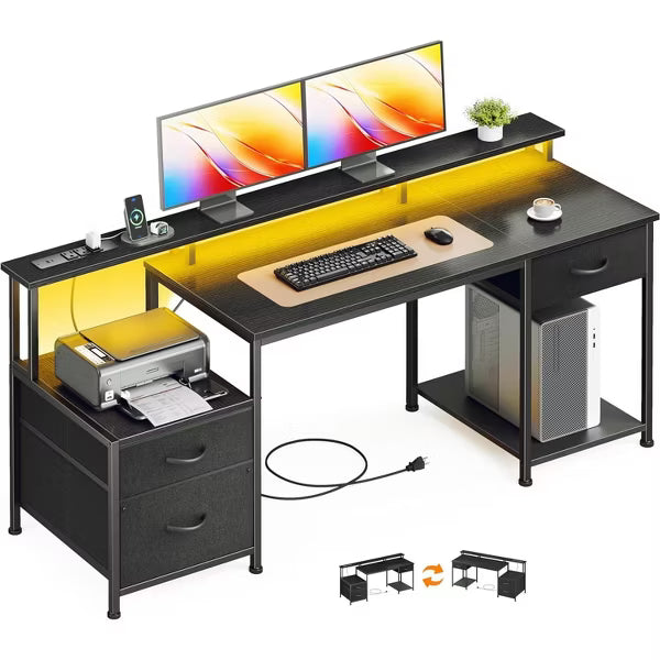 Qwatto 55" Black Computer Desk with 3 Adjustable Drawers and Charging Station Gaming Table with Monitor Stands Home Office Study Writing Workstation