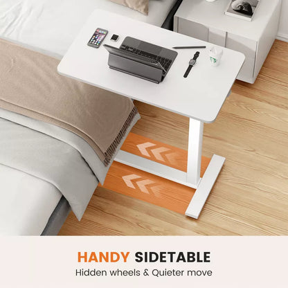 GlasFlength Desks Overbed Bedside Table with Wheels, Adjustable Height Mobile Standing Desk, Rolling Bed Table for Hospital, White, 27.5"*15.7"*43.3"