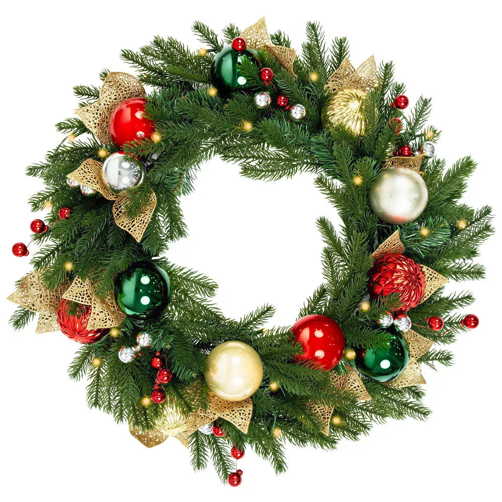 Romswi 24in Pre-Lit Artificial Christmas Wreath Realistic PE PVC Ornaments Battery-Powered Holiday Decoration with Timer LED Lights for Front Door
