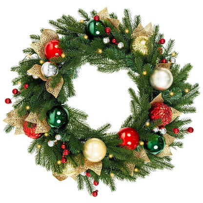 Romswi 24in Pre-Lit Artificial Christmas Wreath Realistic PE PVC Ornaments Battery-Powered Holiday Decoration with Timer LED Lights for Front Door