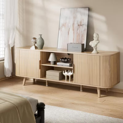 Qwatto 55'' Media Console for Bedroom Living Room Oak TV Stand for 65'' TV Mid Century Modern Cabinet Fluted Wood Detail Cable Management