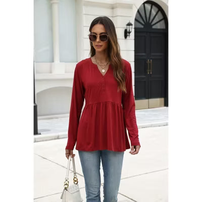 Zeagoo Women's Henley Notched V Neck Long Sleeve Casual Peplum Blouse Tunic Top-Navy Blue-S