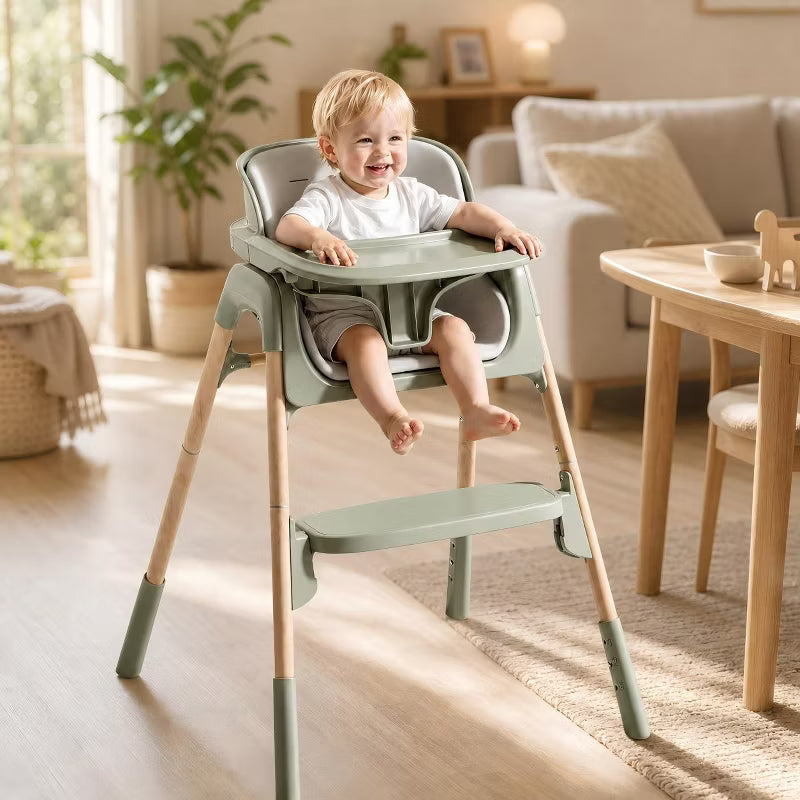 AmourLil 4-in-1 Convertible High Chair for Babies & Toddlers, Adjustable Height with Dishwasher-Safe Tray, Easy-Clean Design, Beige (Green)
