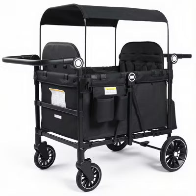 Kinder King All-Terrain Stroller Wagon for 4 Kids with Canopy, Shock-Absorbing Wheels, Snack Tray, Storage Bag & Adjustable Handle, Black