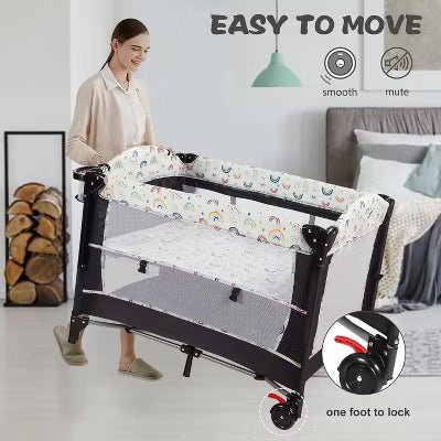 TODECARE 4 in 1 Pack and Play, Multifunction Baby Bassinet Bedside Crib, Portable Baby Nursery Playard w/Changing Table, Storage Basket
