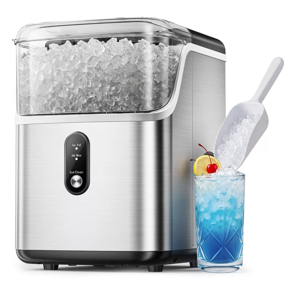 Simzlife 35 Lbs. Nugget Ice Maker Countertop, Stainless Steel Portable Ice Machine, Self-Cleaning, Silver