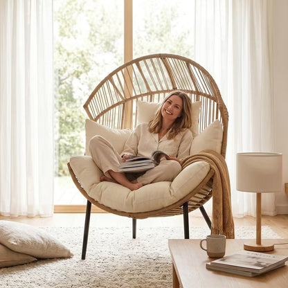 Oversized Wicker Egg Chair, Papasan Chairs with Extra-Soft Pillow & Thick Cushion for Indoor/Outdoor, Living Room, Backyard