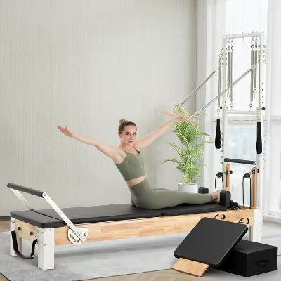 PAETA Pilates Reformer, Wooden Pilates Machine with Tower & Mat, for Home and Studio, Includes Sitting Box and Jumpboard