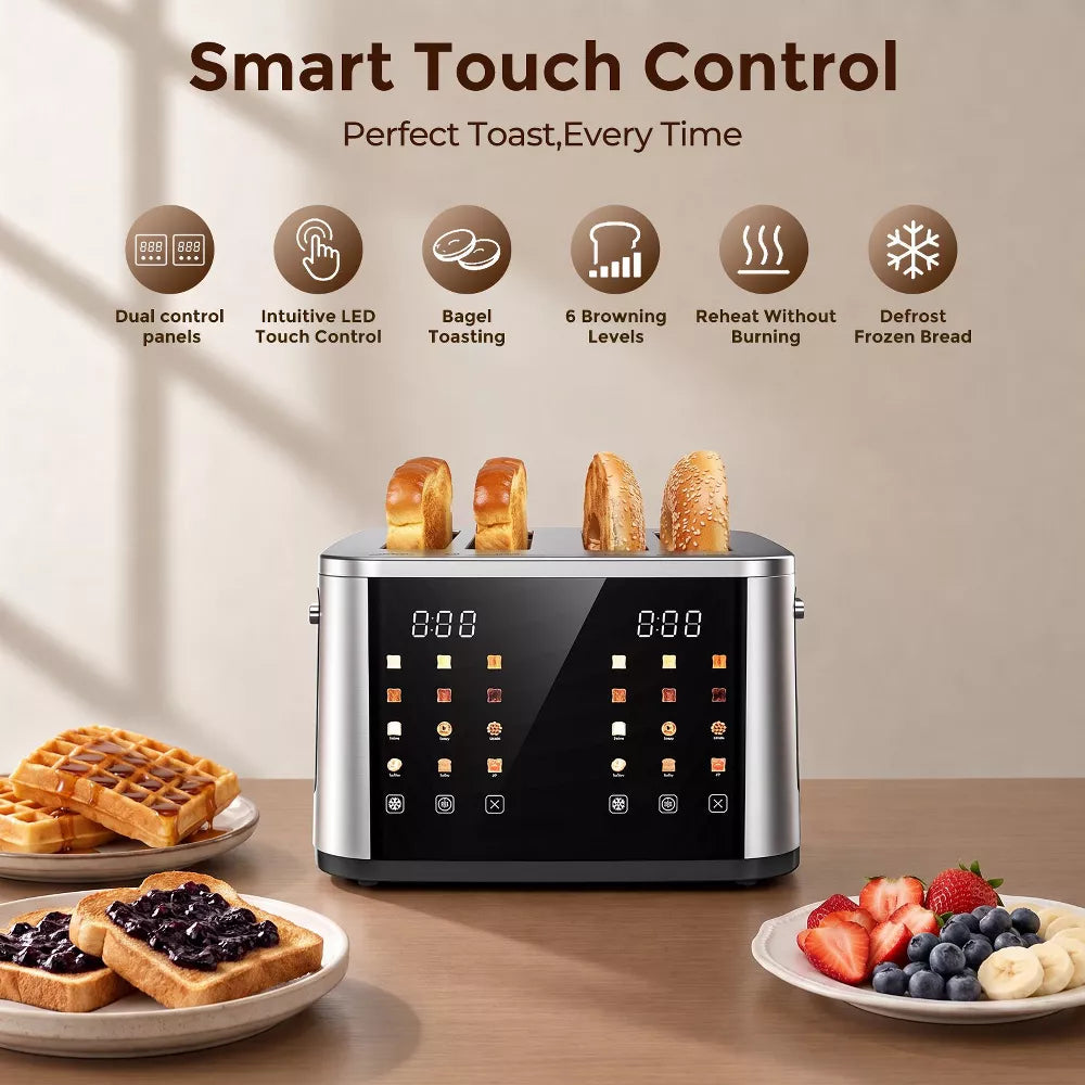 Teendow 4 Slice Toaster Stainless Steel, Extra Wide Slot Toasters 4 Slice Dual Control, 6 Shade Settings