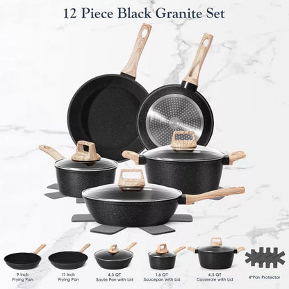 SODAY 12pcs Pots and Pans Set Non Stick Kitchen Cookware Sets Induction Cookware Nonstick Granite Cooking Set with Frying Pans, Saucepans.