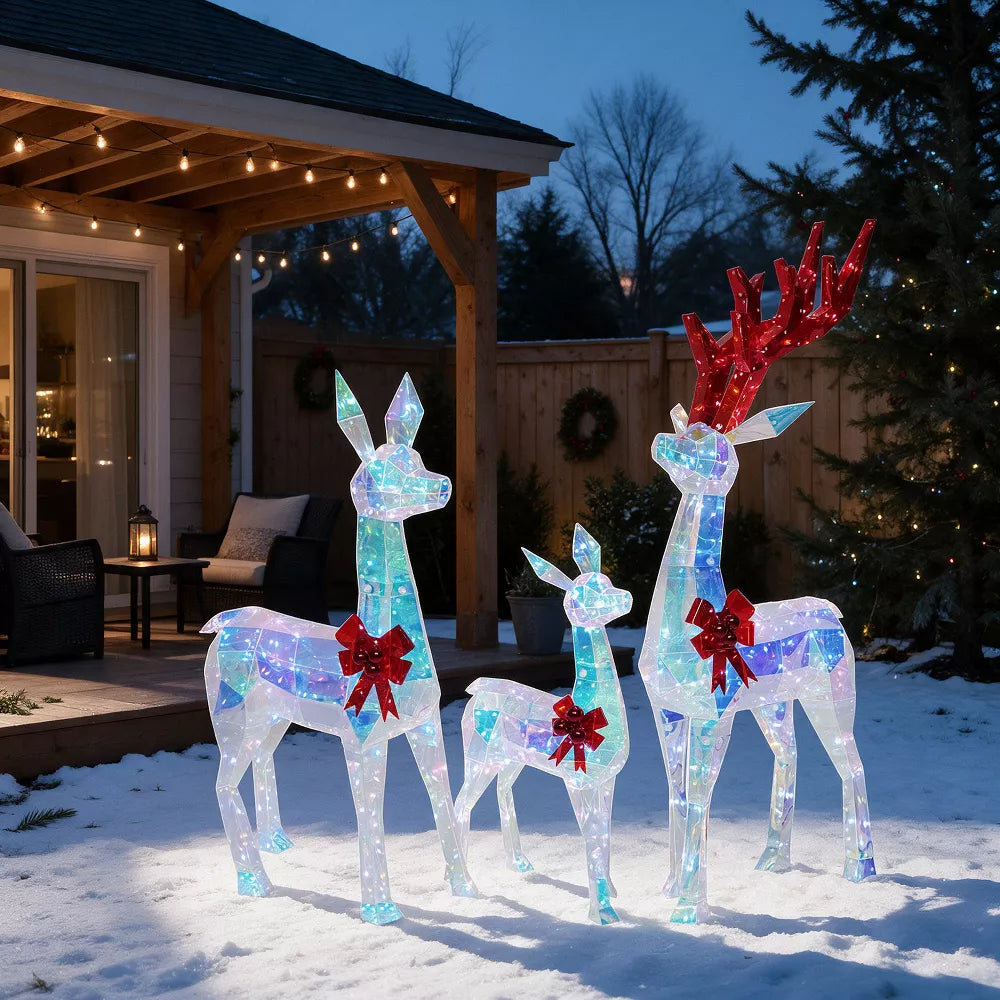 Romswi 3pcs Pre-Lit Iridescent Reindeer family Lighted Outdoor Christmas Decoration Xmas Holiday Decor w/ 180 LED Lights for Yard Porch Patio Garden