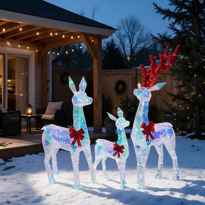 Romswi 3pcs Pre-Lit Iridescent Reindeer family Lighted Outdoor Christmas Decoration Xmas Holiday Decor w/ 180 LED Lights for Yard Porch Patio Garden