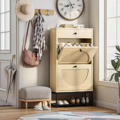 Hooseng Freestanding Faux Wooden Shoe Rack, Entryway Organizer with 2 Natural Rattan Flip Cabinet Drawers for Hallway, Living Room, Bedroom
