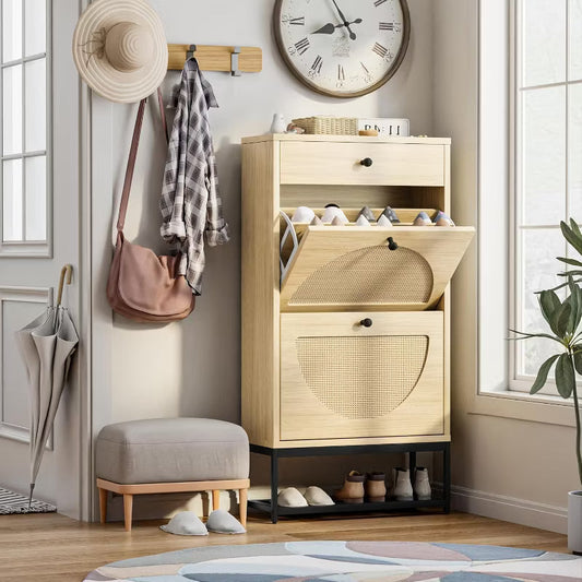 Hooseng Freestanding Faux Wooden Shoe Rack, Entryway Organizer with 2 Natural Rattan Flip Cabinet Drawers for Hallway, Living Room, Bedroom
