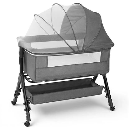 3 in 1 Baby Bassinet Bedside Sleeper with Wheels, Mosquito Net, Foldable Crib, Grey