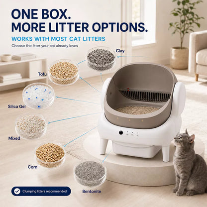 Open Top Self Cleaning Cat Litter Box with App Control, Safety Sensors and Odor Control
