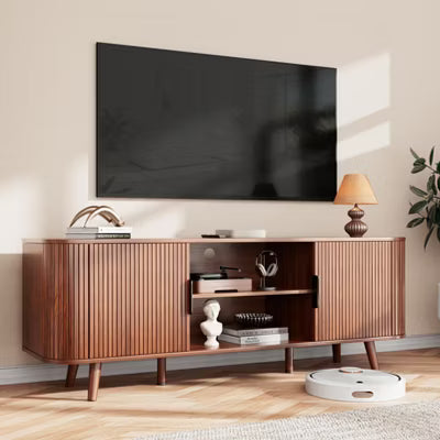 Qwatto Curved Edge TV Stand Walnut Finish Media Console for 65 Inch TV Modern Fluted Door Credenza with Storage Mid Century Living Room Furniture
