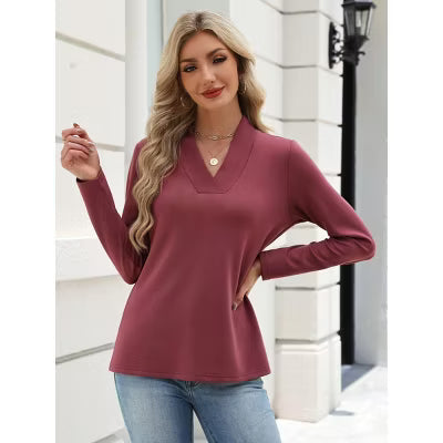 Zeagoo Women's V-Neck Solid Long Sleeve Relaxed Fit Casual Blouse Top-Purplish Red-S