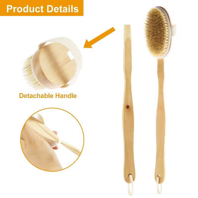 15-Inch Long-Handle Bath Brush with Detachable Head and Medium-Stiff Bristles, Easy-Reach Back Scrubber for Wet or Dry Brushing