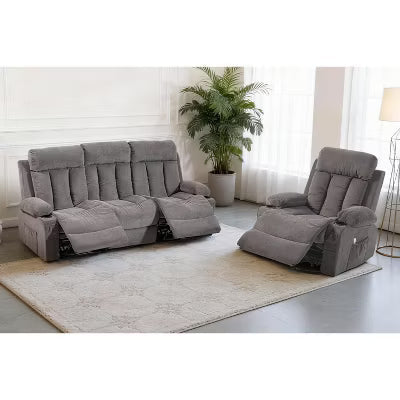 BOSMILLER Manual Recliner Sofa Set, 2 Piece Reclining Living Room Furniture Sets with Cup Holders for Home Theater, Office (Grey, Sofa+Chair)