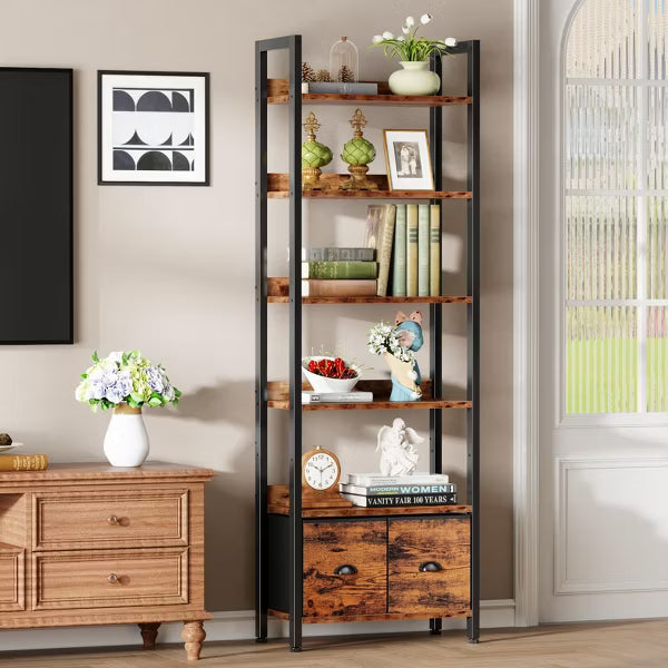 Qwatto 6 Tier 71'' Tall Rustic Bookcase with 2 Drawers Storage Organizer Industrial Wood Metal Freestanding Bookshelf Home Office Bedroom Rustic Brown