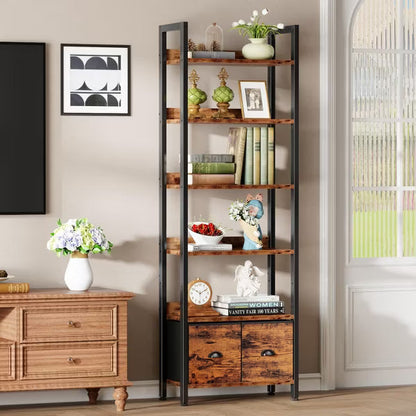 Qwatto 6 Tier 71'' Tall Rustic Bookcase with 2 Drawers Storage Organizer Industrial Wood Metal Freestanding Bookshelf Home Office Bedroom Rustic Brown